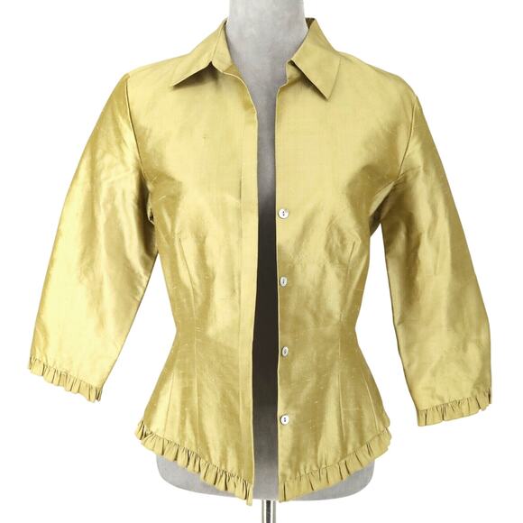 Cache Jacket Womens 8 Silk Green Gold Lined Pleated Trim Lightweight Vintage - Picture 1 of 12